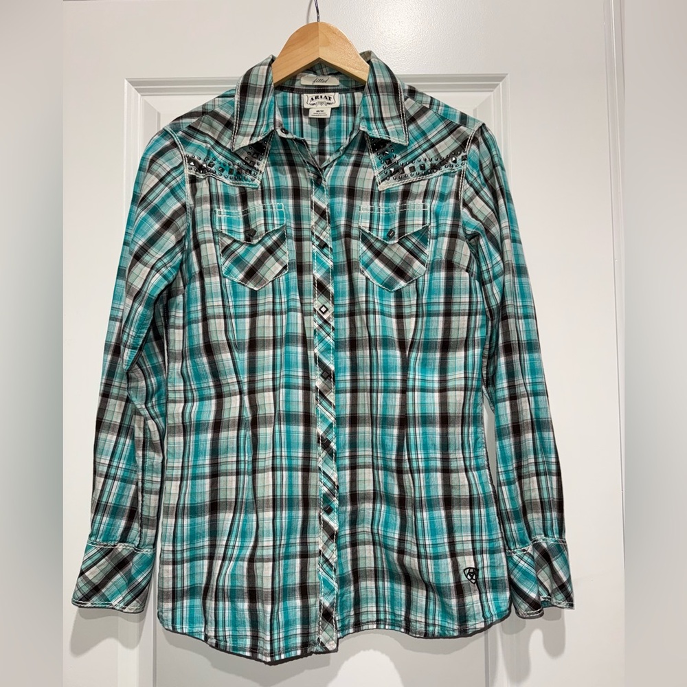 Ariat Women’s Teal and Black Fitted Snap Up Western Shirt Medium